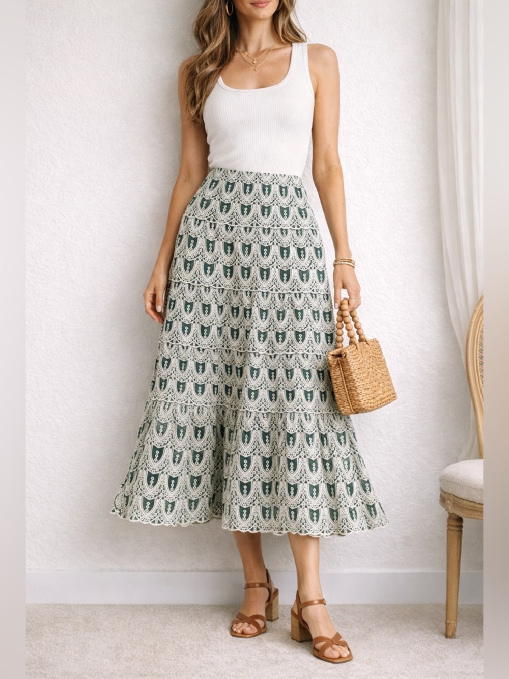 Laffaire Lace Tiered Midi Skirt Teal Ivory Flowy Boho S